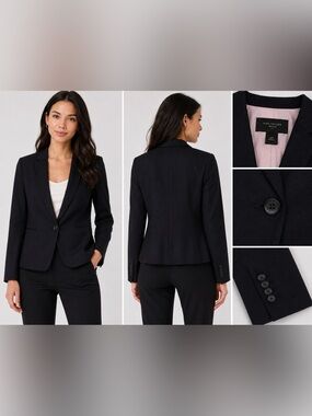 Ann Taylor Petite Blazer 10P Black One Button Career Office Jacket Stretch